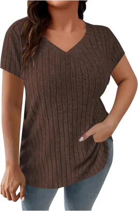 2025 Women's Plus Size Ribbed Tops Casual Trendy V Neck Solid Color Shirts Lightweight Short Sleeve Blouses Tees