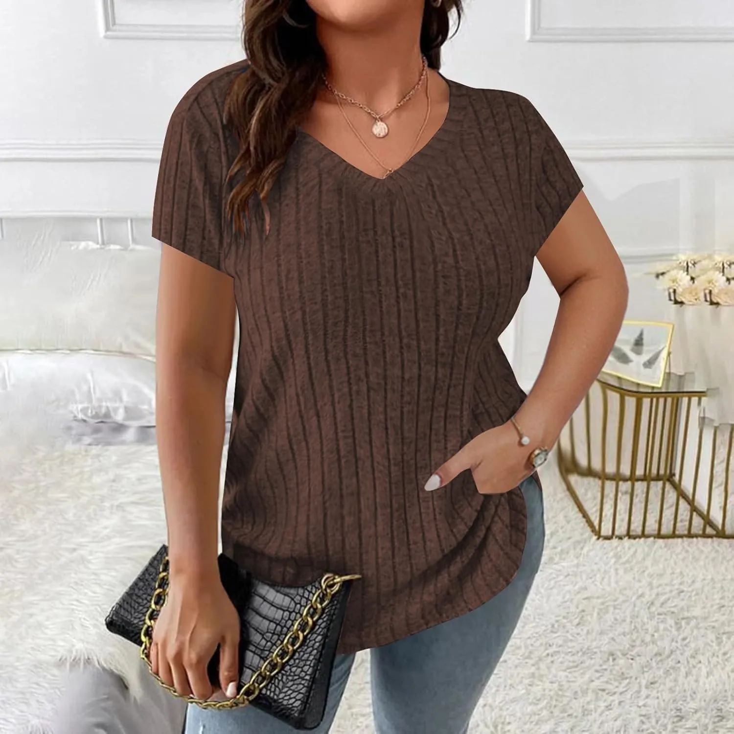 2025 Women's Plus Size Ribbed Tops Casual Trendy V Neck Solid Color Shirts Lightweight Short Sleeve Blouses Tees