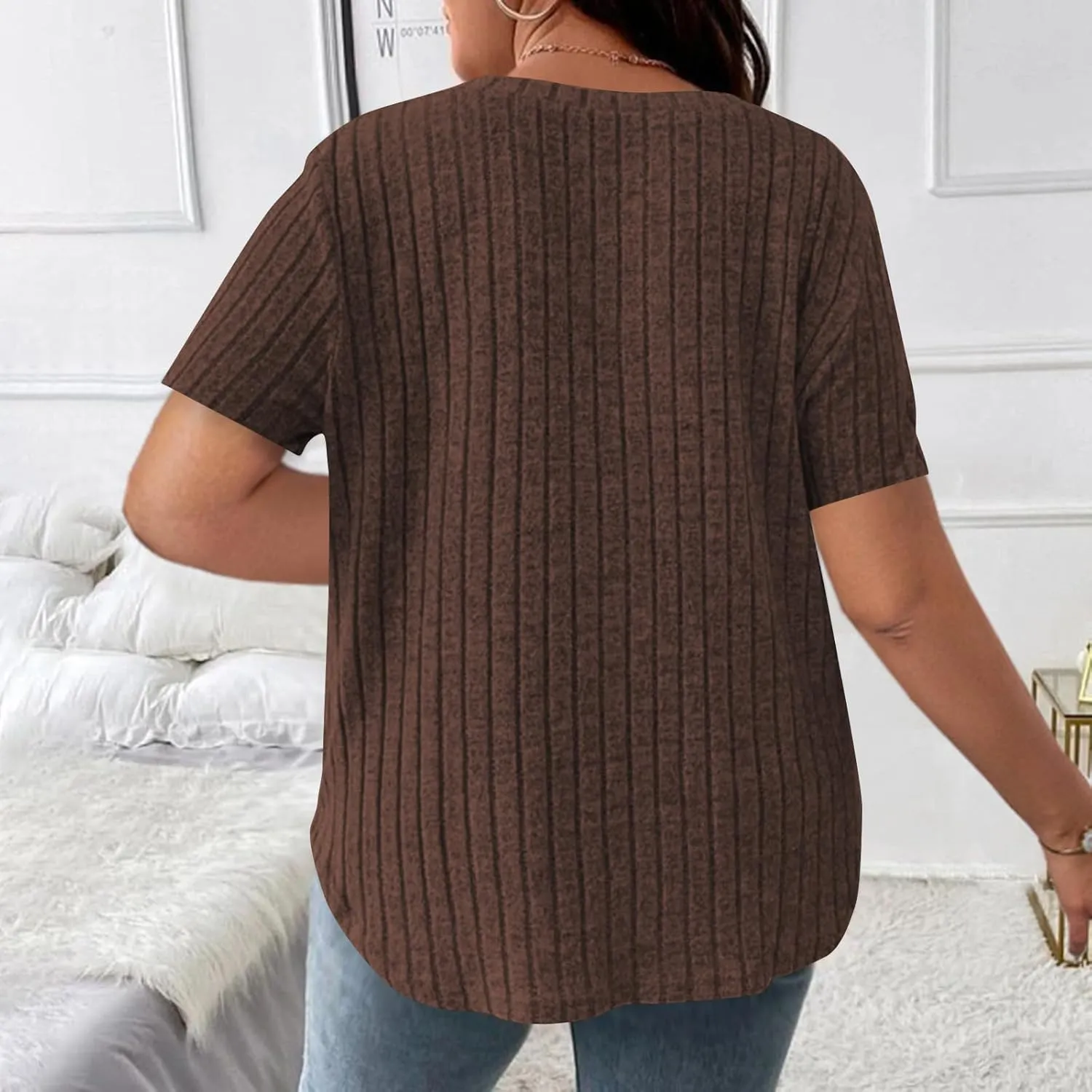 2025 Women's Plus Size Ribbed Tops Casual Trendy V Neck Solid Color Shirts Lightweight Short Sleeve Blouses Tees