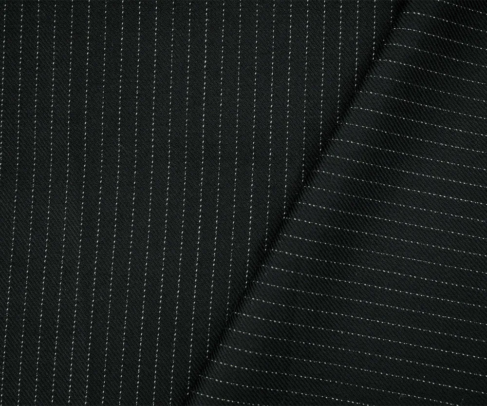 Black-Silver Gray Wool Polyester Pinstripe Twill Woven Fabric