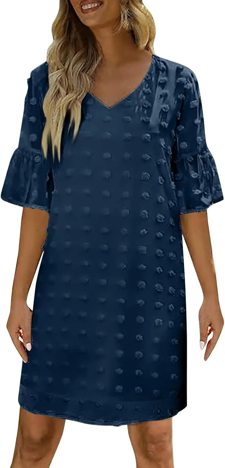 Chiffon Dresses for Women 2024 Summer Smocked Dress Short Flutter Sleeve V Neck Swiss Dot Ruffle Tiered Mini Dress