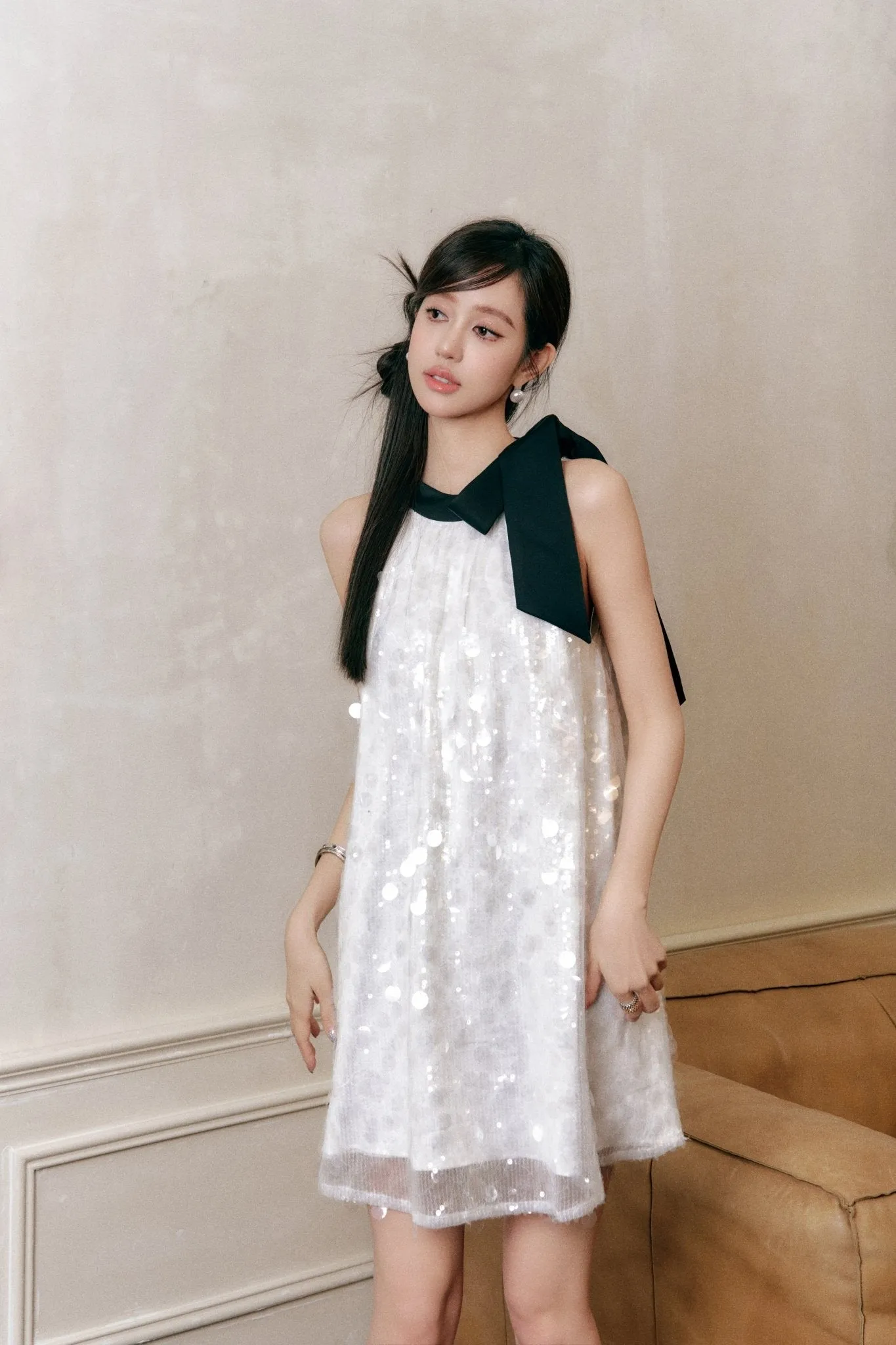 Crystal Beaded Color Clash Big Bow Dress