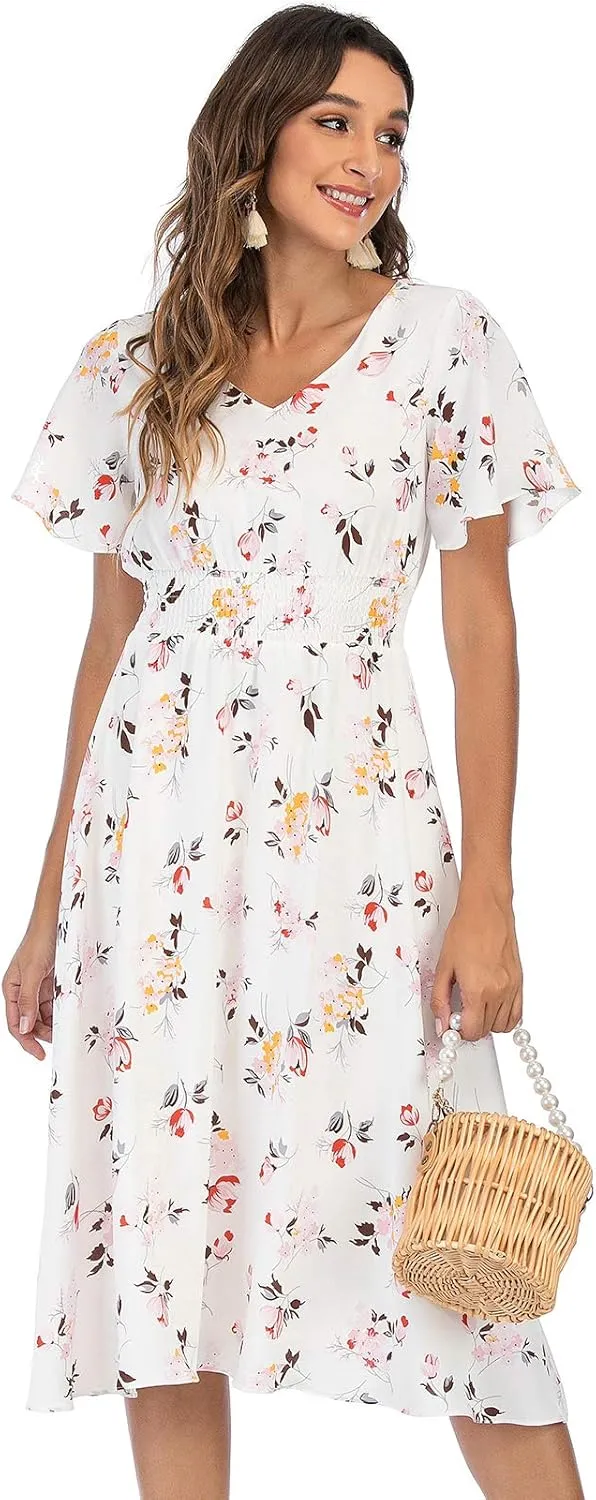 Gardenwed Chiffon Floral Dresses Summer Sun Beach Dresses for Women with Elastic Waist