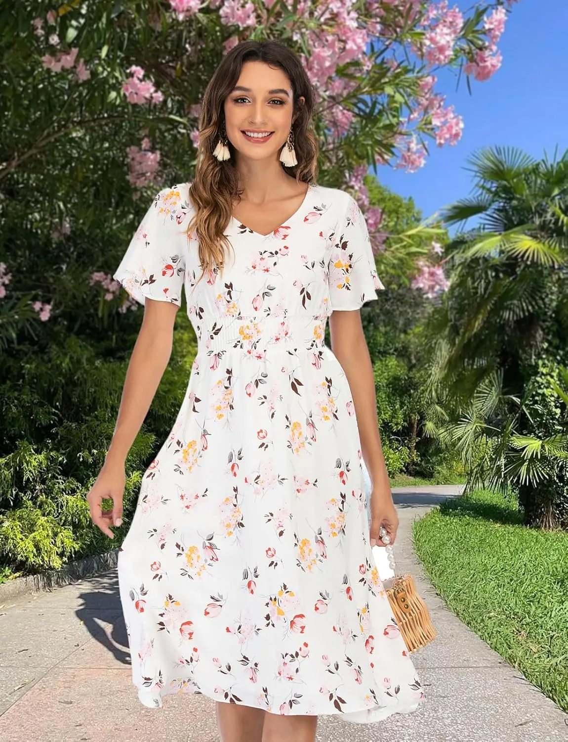 Gardenwed Chiffon Floral Dresses Summer Sun Beach Dresses for Women with Elastic Waist