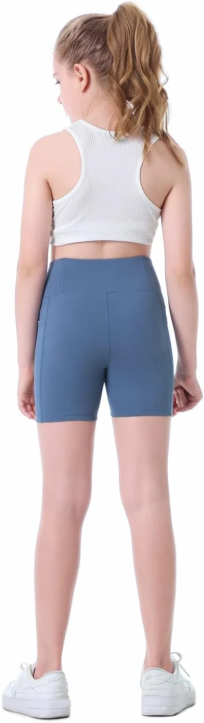 Girls Biker Shorts Kids Yoga Shorts High Waisted Spandex Athletic Running Volleyball Shorts with Pockets