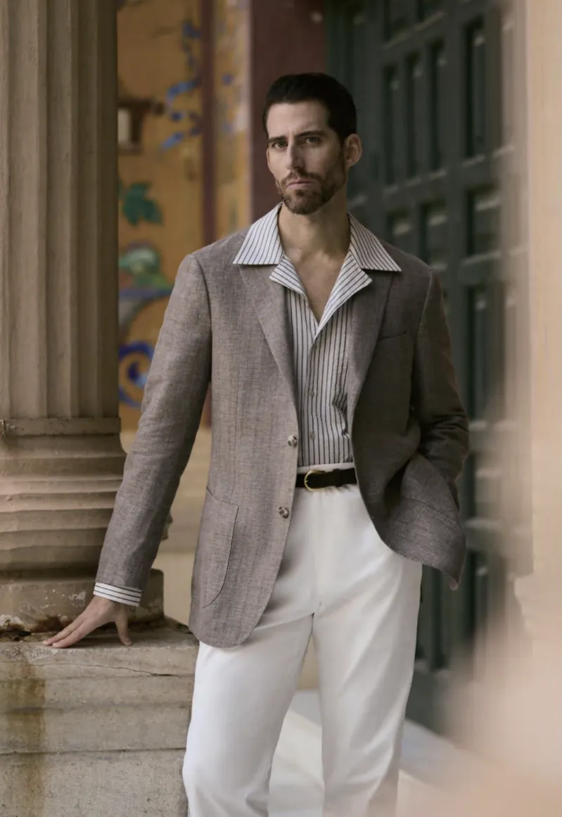 Italian Brown Wool & Linen-Silk & Spandex Jacket Plus White Trousers