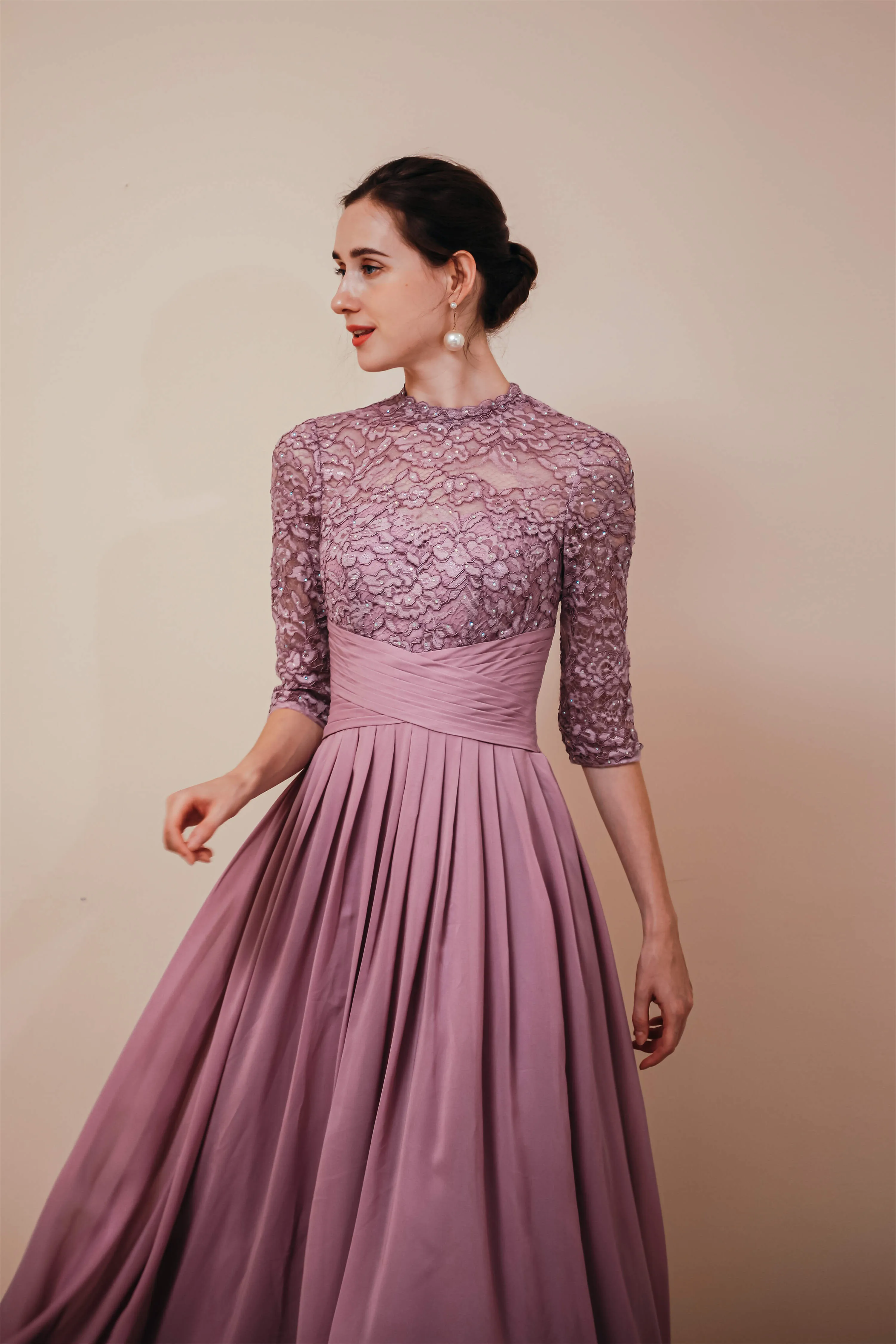 Lace Chiffon Long Zipper Back Mother of the Bride Dresses With Sleeves
