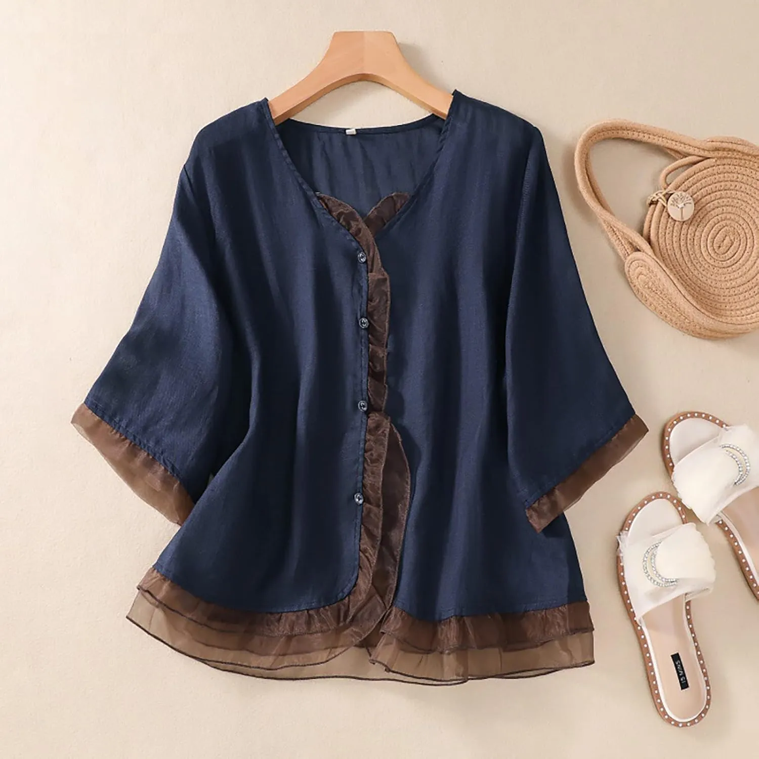 Linen Cotton Flowy Tops for Women Vintage Casual Shirt Dressy Button Up Blouse Cool 3/4 Sleeve Work Tees Summer