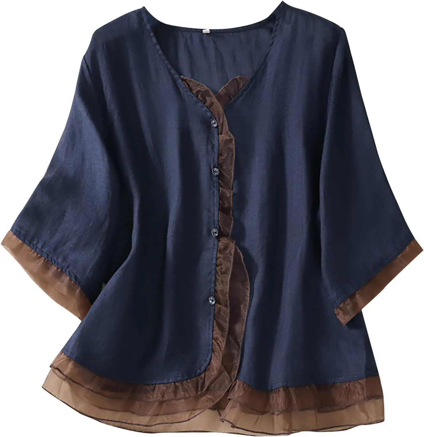Linen Cotton Flowy Tops for Women Vintage Casual Shirt Dressy Button Up Blouse Cool 3/4 Sleeve Work Tees Summer