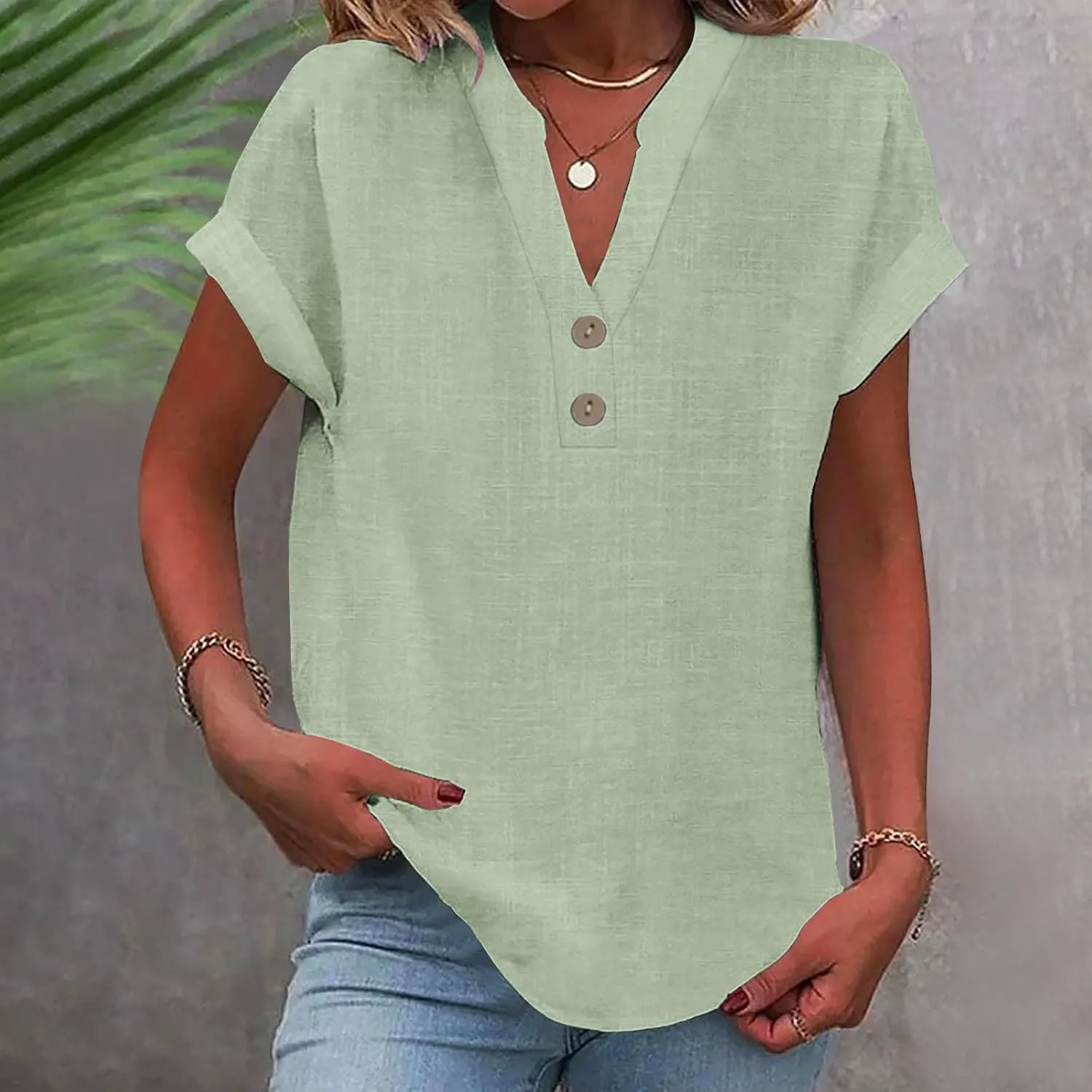 Linen Top for Women Plus Size Button Down Shirts Rolled Short Sleeve Blouse Cotton V Neck T Shirt Summer Travel Tees