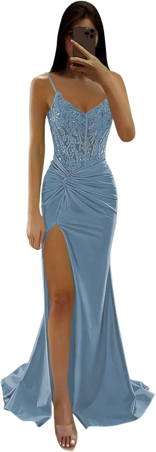 Loyeloy Spaghetti Straps Prom Dresses Long with Slit 2025 Lace V Neck Mermaid Satin Evening Party Gowns
