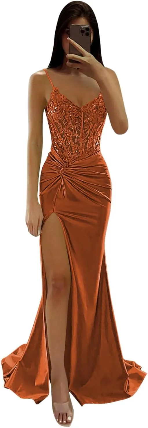 Loyeloy Spaghetti Straps Prom Dresses Long with Slit 2025 Lace V Neck Mermaid Satin Evening Party Gowns
