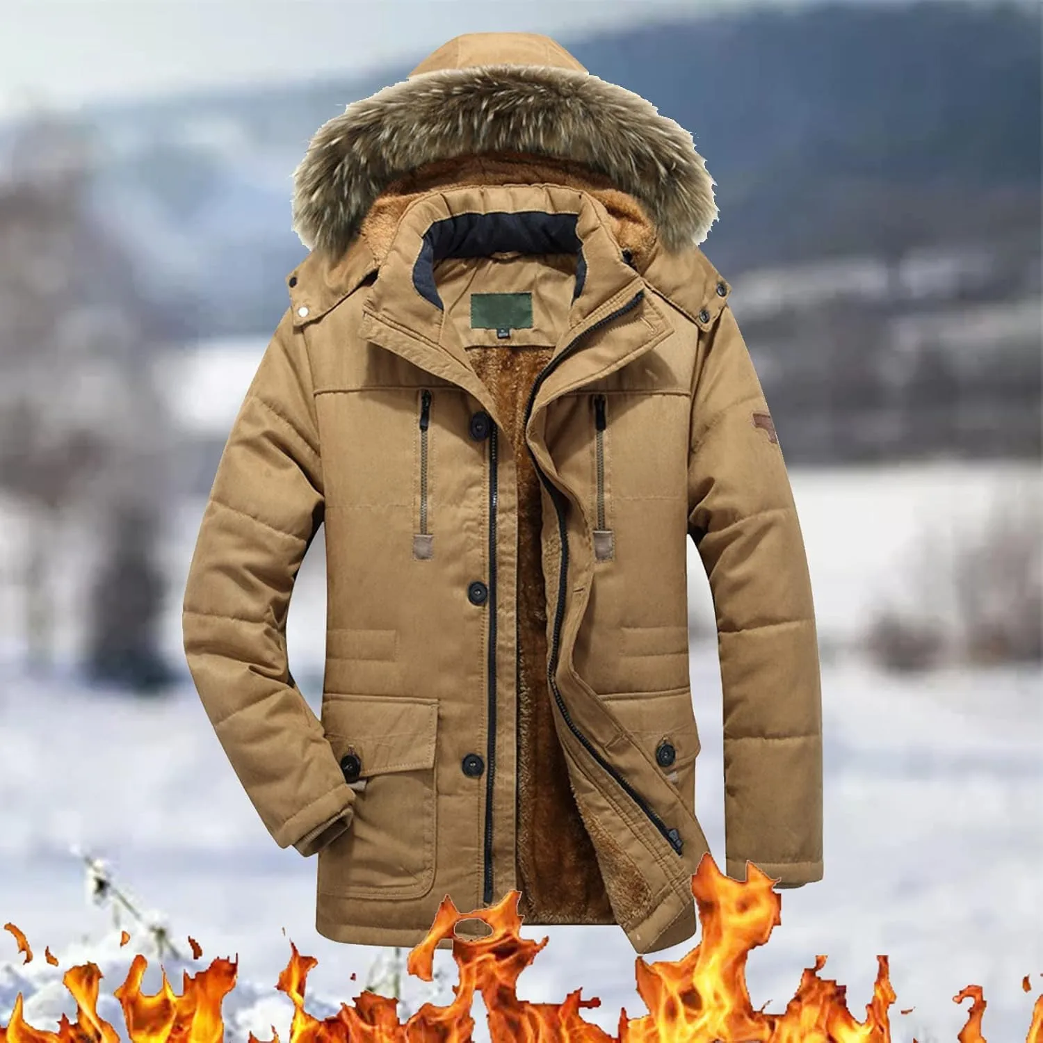 Maryia Mens Parka Jacket Waterproof Winter Hooded Jacket Casual Warm Quilted Coat with Fur Hood Thick Outdoor Outwear