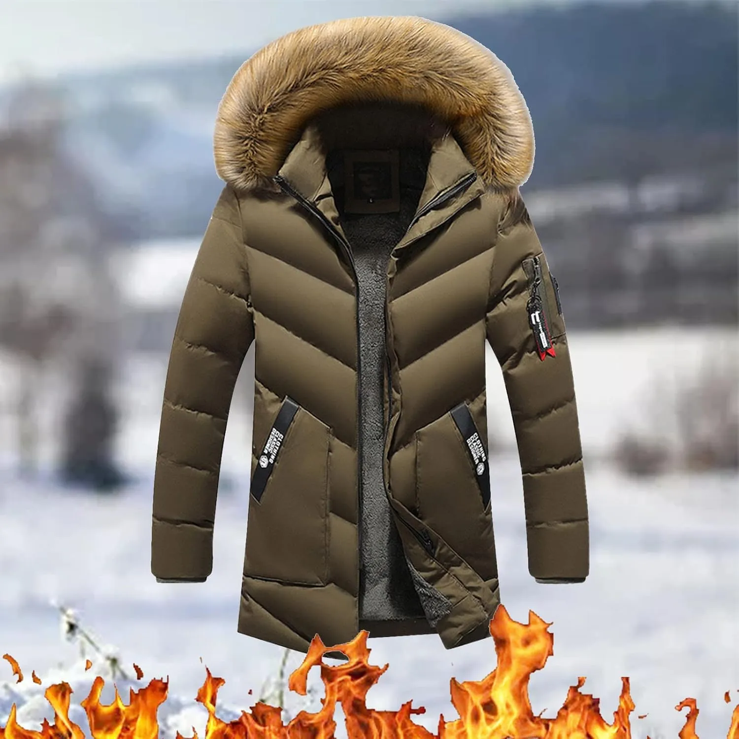 Maryia Mens Parka Jacket Waterproof Winter Hooded Jacket Casual Warm Quilted Coat with Fur Hood Thick Outdoor Outwear