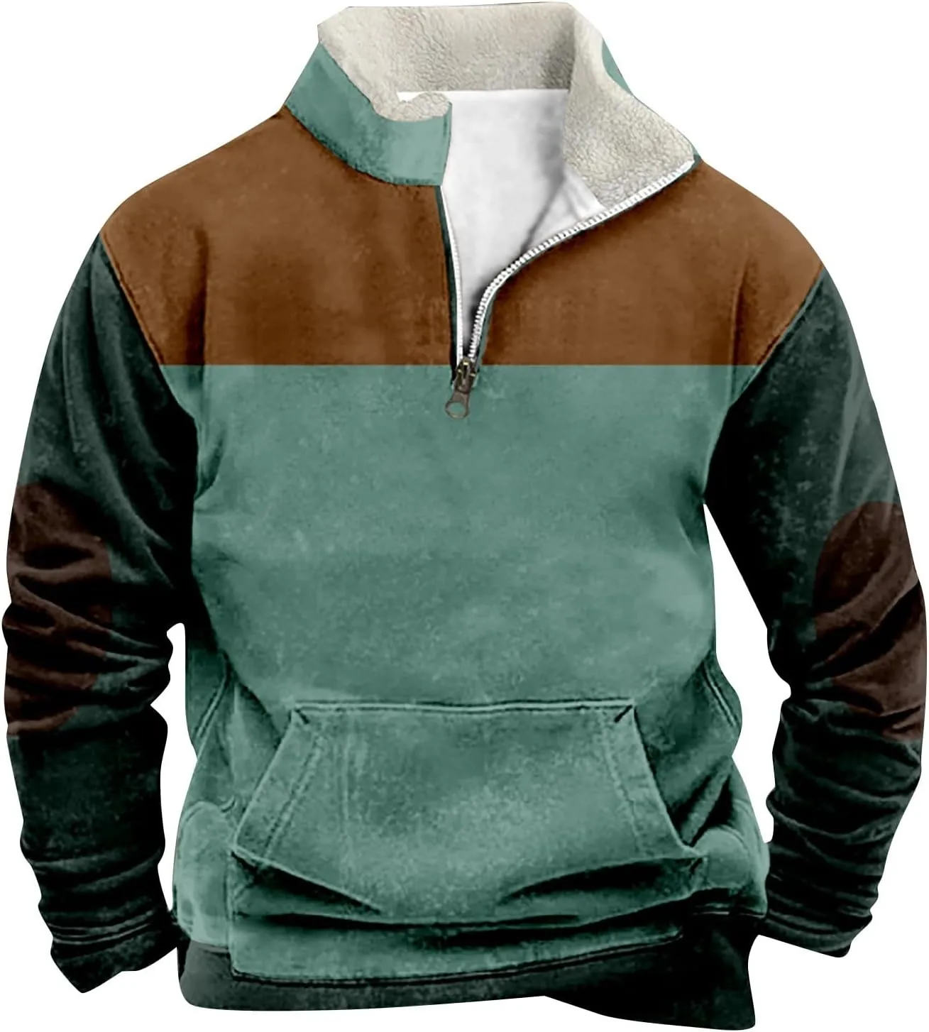 Men Fleece Lined Sweatshirt Plus Size 1/4 Zip Warm Sherpa Winter Thick Sweater Loose Color Block Long Sleeve Pullover