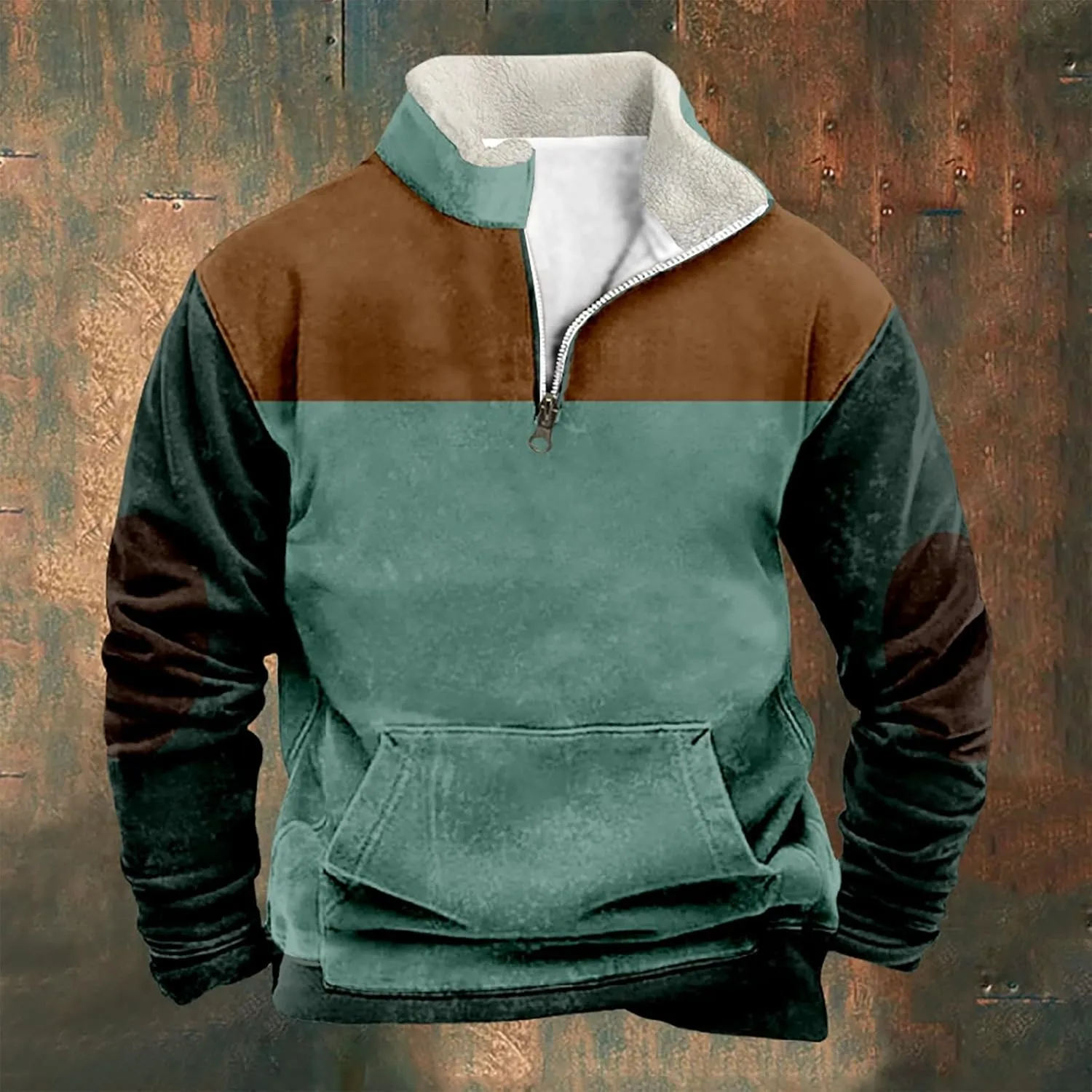Men Fleece Lined Sweatshirt Plus Size 1/4 Zip Warm Sherpa Winter Thick Sweater Loose Color Block Long Sleeve Pullover