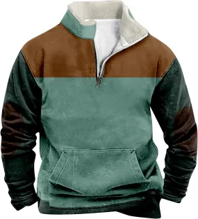 Men Fleece Lined Sweatshirt Plus Size 1/4 Zip Warm Sherpa Winter Thick Sweater Loose Color Block Long Sleeve Pullover