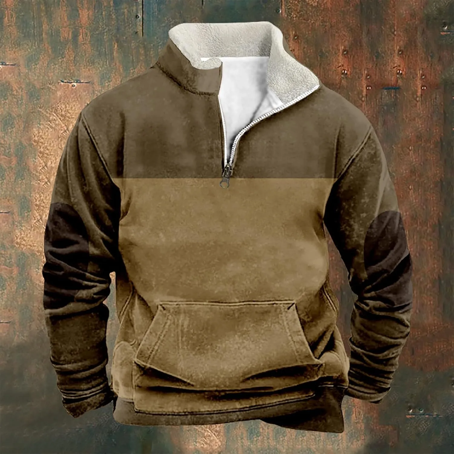 Men Fleece Lined Sweatshirt Plus Size 1/4 Zip Warm Sherpa Winter Thick Sweater Loose Color Block Long Sleeve Pullover