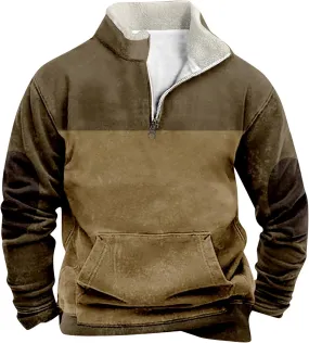 Men Fleece Lined Sweatshirt Plus Size 1/4 Zip Warm Sherpa Winter Thick Sweater Loose Color Block Long Sleeve Pullover