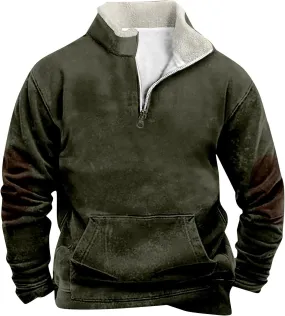 Men Fleece Lined Sweatshirt Plus Size 1/4 Zip Warm Sherpa Winter Thick Sweater Loose Color Block Long Sleeve Pullover
