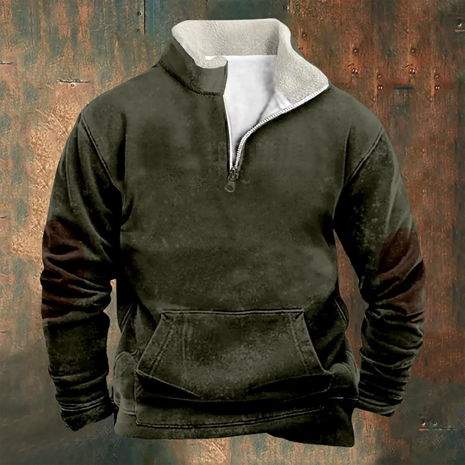 Men Fleece Lined Sweatshirt Plus Size 1/4 Zip Warm Sherpa Winter Thick Sweater Loose Color Block Long Sleeve Pullover