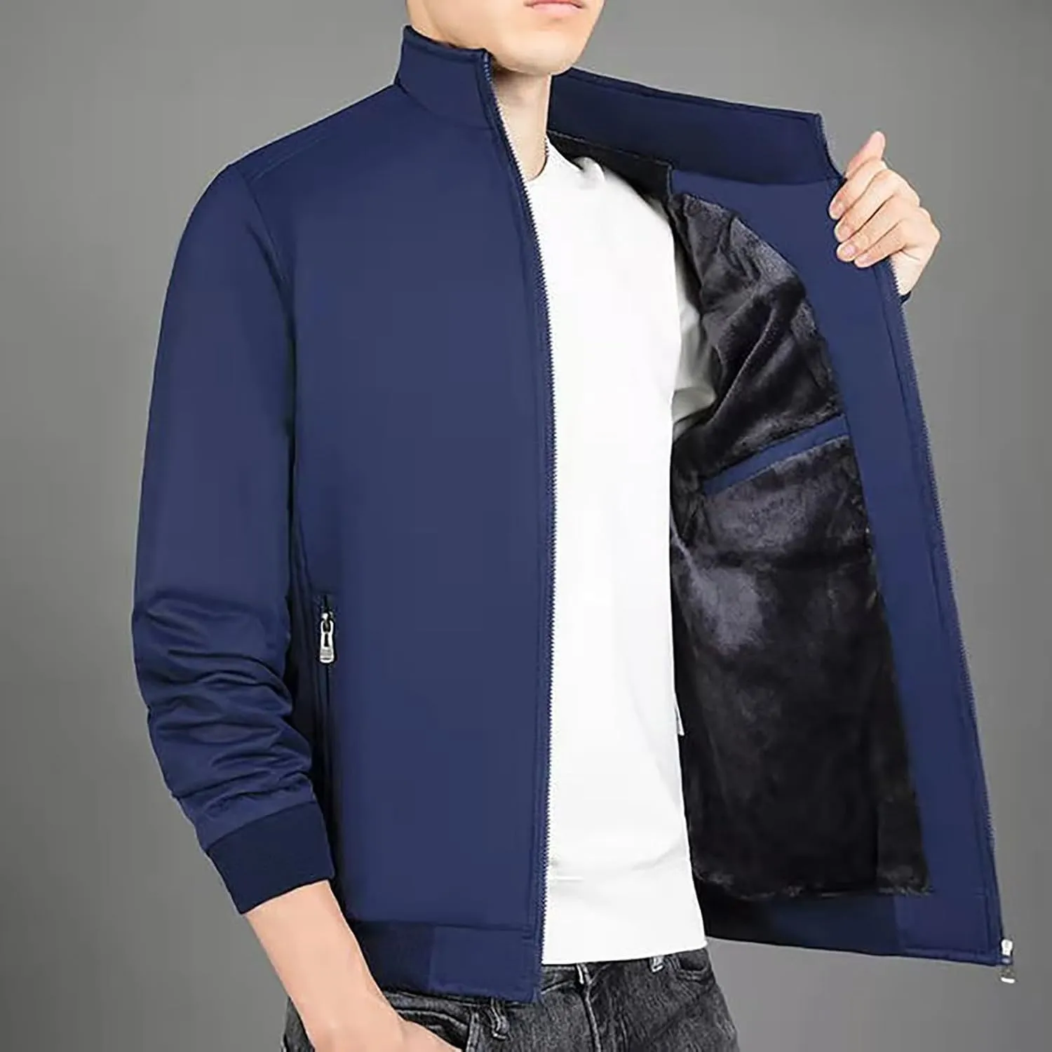 Men Fleece Sherpa Lined Jacket Thicken Warm Full Zip Winter Coat Long Sleeve Stand Collar Outwear with Lined Pockets