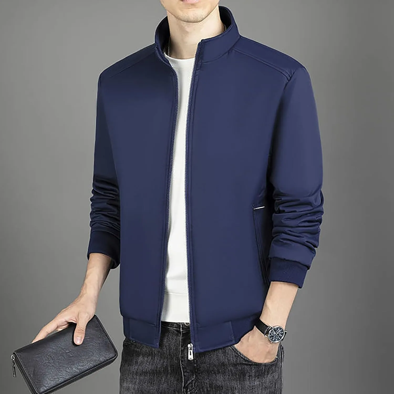 Men Fleece Sherpa Lined Jacket Thicken Warm Full Zip Winter Coat Long Sleeve Stand Collar Outwear with Lined Pockets