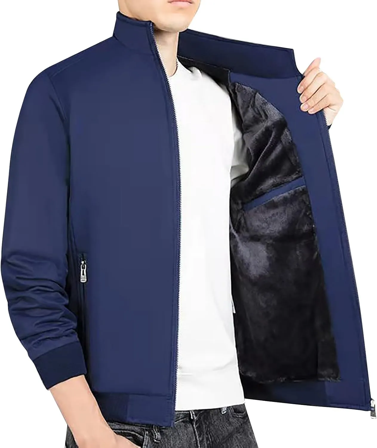Men Fleece Sherpa Lined Jacket Thicken Warm Full Zip Winter Coat Long Sleeve Stand Collar Outwear with Lined Pockets