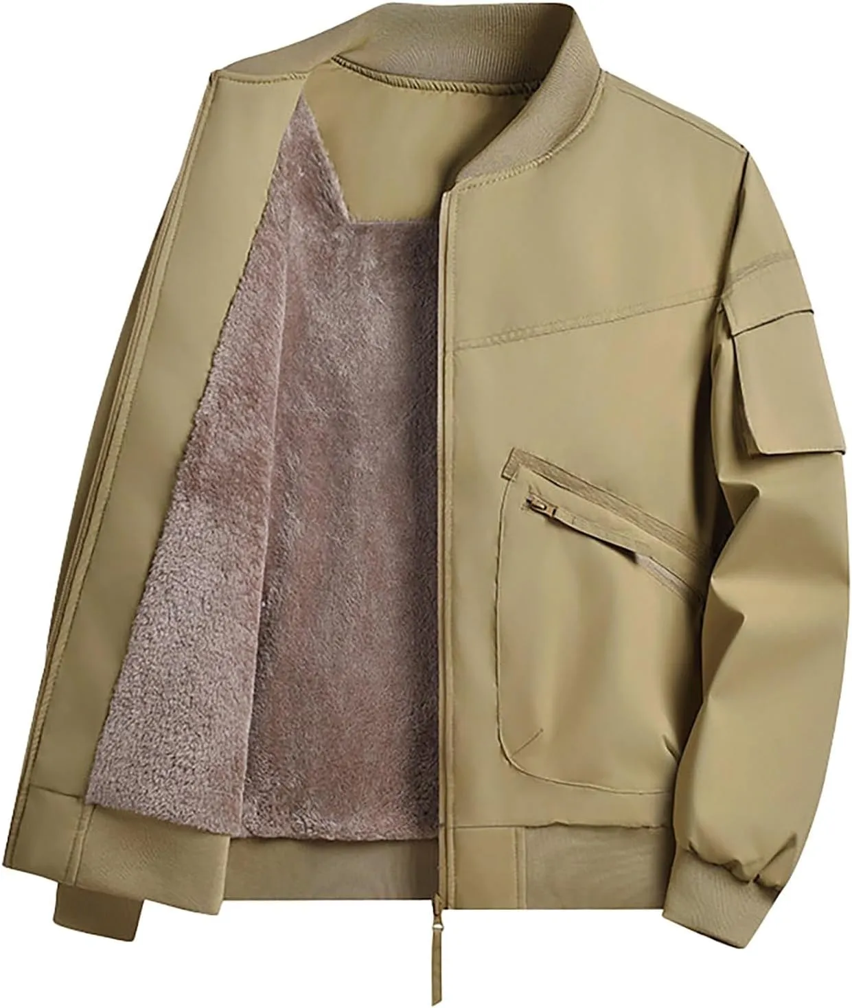 Men's Fleece Lined Bomber Jackets Plus Size Full Zip Winter Warm Flight Coat Casual Multiple Pockets Padded Outwear
