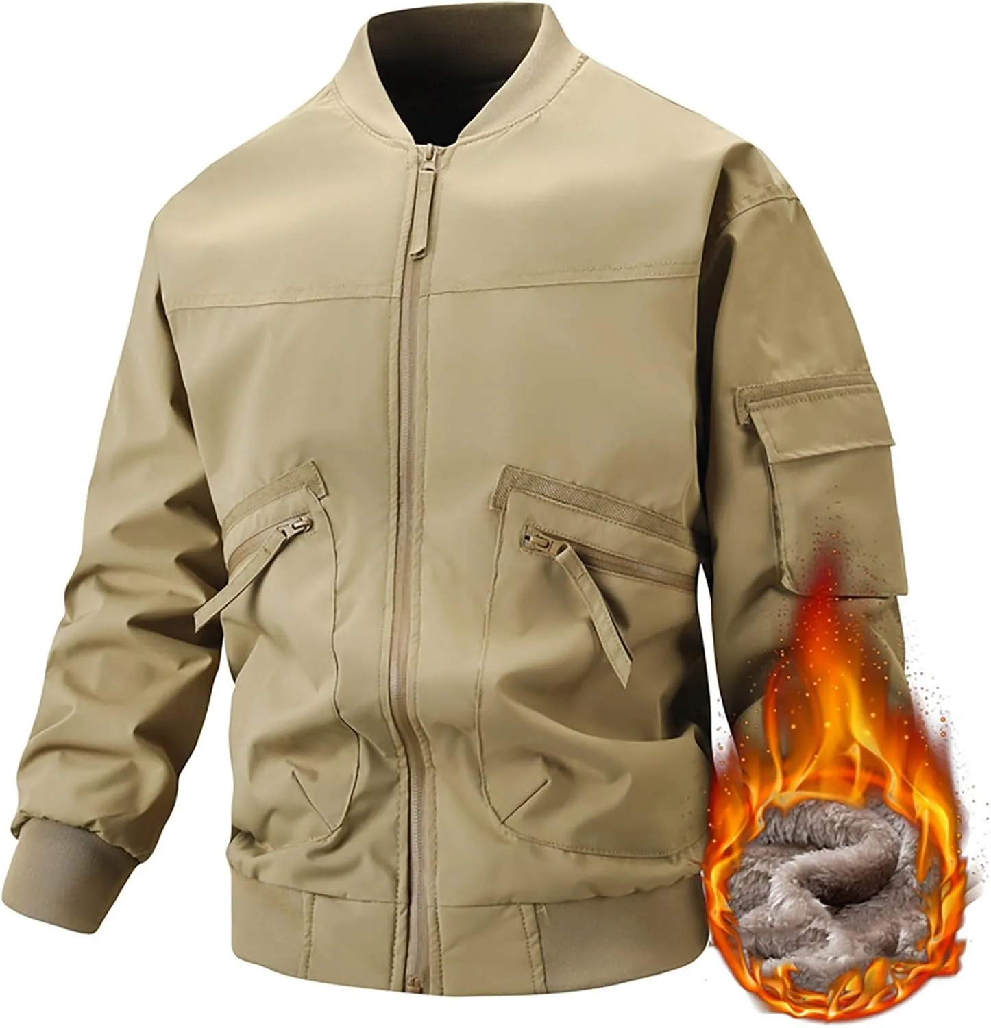 Men's Fleece Lined Bomber Jackets Plus Size Full Zip Winter Warm Flight Coat Casual Multiple Pockets Padded Outwear