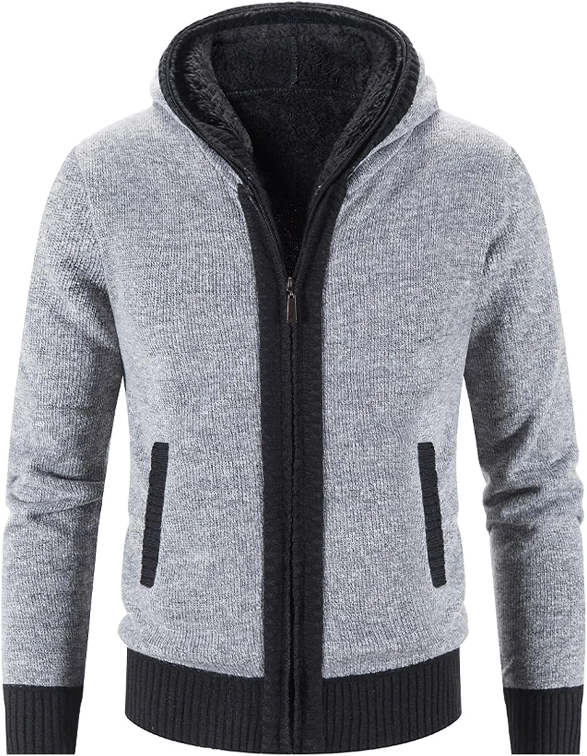 Mens Fleece Lined Cable Knit Cardigan Sweaters with Hood Slim Fit Zip Up Hooded Sweatshirts Casual Long Sleeve Jumper