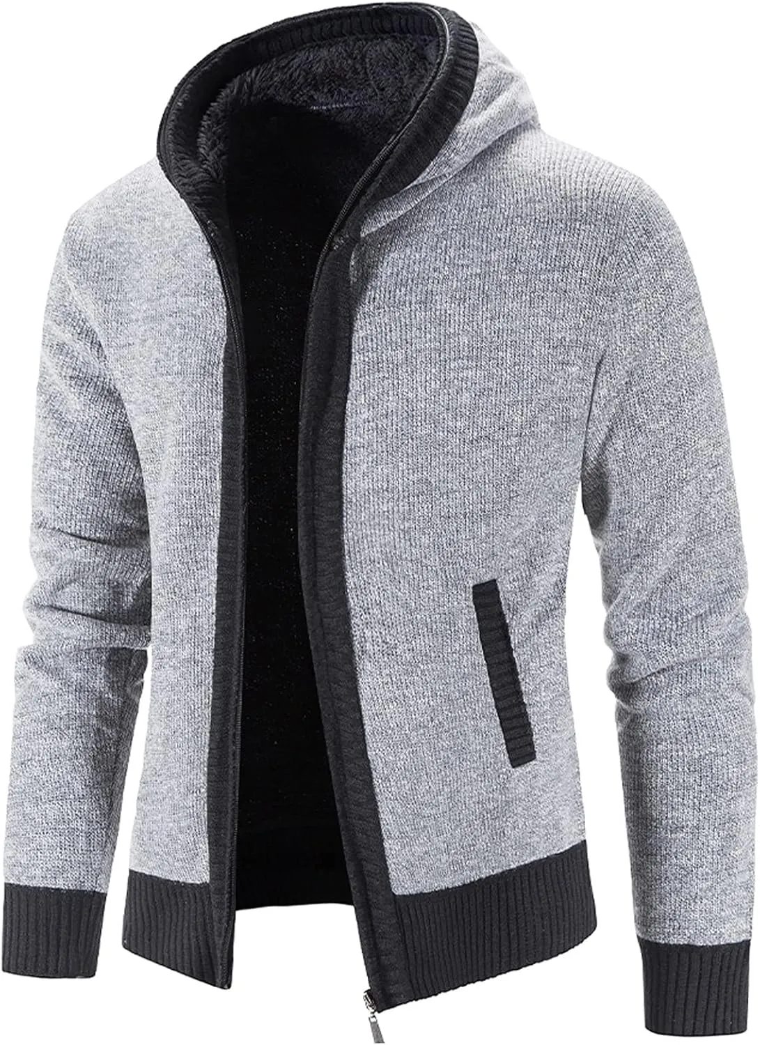 Mens Fleece Lined Cable Knit Cardigan Sweaters with Hood Slim Fit Zip Up Hooded Sweatshirts Casual Long Sleeve Jumper