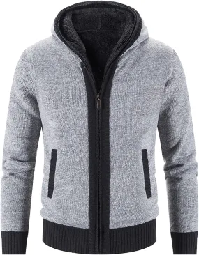 Mens Fleece Lined Cable Knit Cardigan Sweaters with Hood Slim Fit Zip Up Hooded Sweatshirts Casual Long Sleeve Jumper