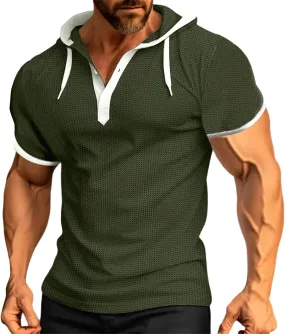 Mens Waffle Hoodie Shirts Short Sleeve Workout Gym Sweatshirt Muscle Fit Fashion Athletic Hood Pullover Cotton Hooded Tshirt