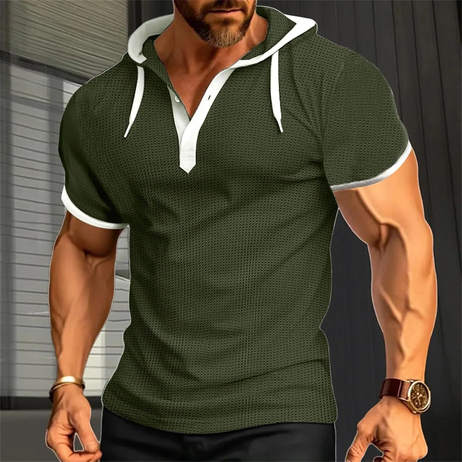 Mens Waffle Hoodie Shirts Short Sleeve Workout Gym Sweatshirt Muscle Fit Fashion Athletic Hood Pullover Cotton Hooded Tshirt