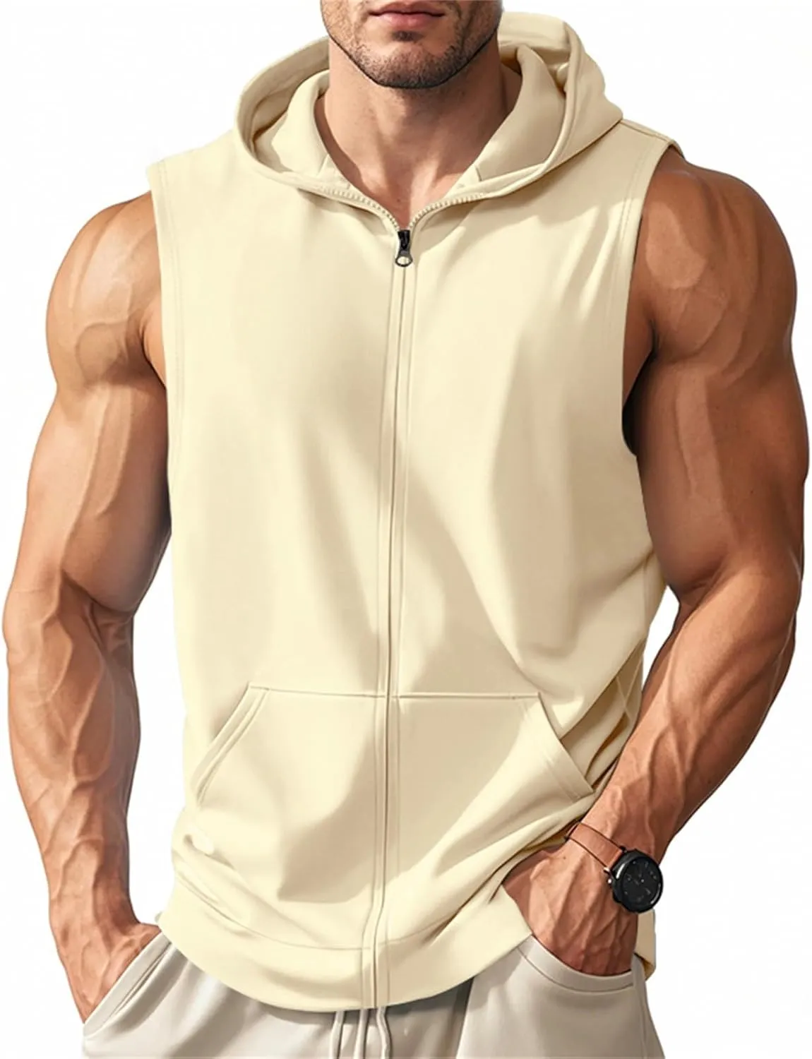 Men's Workout Hooded Tank Tops Lightweight Full Zip Up Sleeveless Gym Shirts Vest Muscle Cut Off T Shirt
