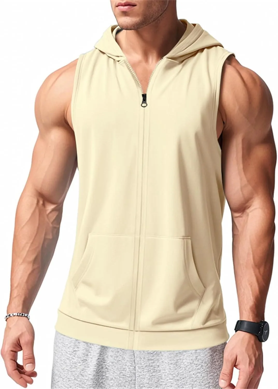 Men's Workout Hooded Tank Tops Lightweight Full Zip Up Sleeveless Gym Shirts Vest Muscle Cut Off T Shirt