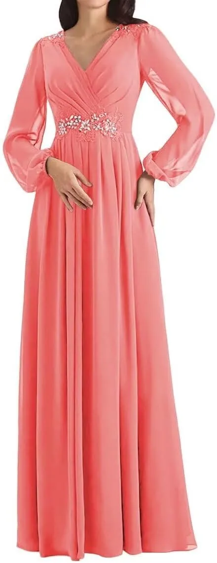 Mother of The Bride Dresses Beading V Neck Long Sleeve Formal Evening Gown Long Chiffon