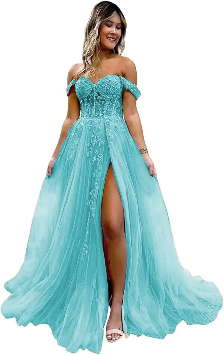Off The Shoulder Tulle Prom Dresses with Slit Laces Applique Sweetheart Long Evening Party Dress