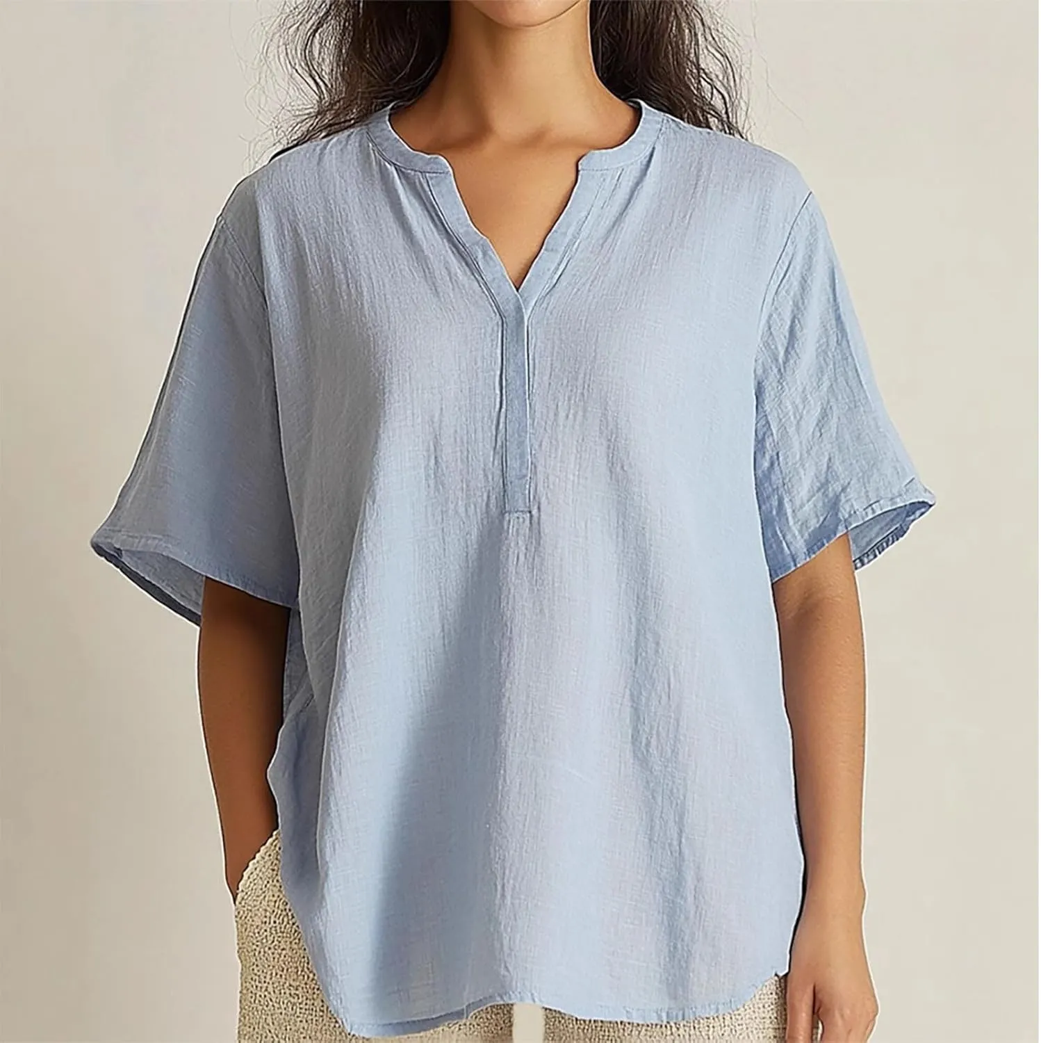 Plus Size Women Cotton Linen Shirts Solid Color Short Sleeve Oversized Tops Casual V Neck Dressy Blouses Tunic Tees