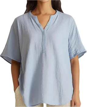 Plus Size Women Cotton Linen Shirts Solid Color Short Sleeve Oversized Tops Casual V Neck Dressy Blouses Tunic Tees