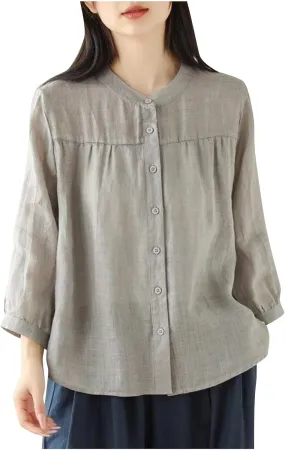 Summer Linen Work Tops for Women Vintage Button Down Plus Size V Neck Collared Blouse Casual 3/4 Sleeve T Shirts