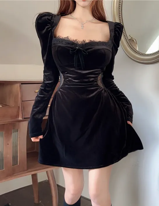 TastyHottie - Lace Velvet Dress Halter Deep V-Neck Long Sleeve