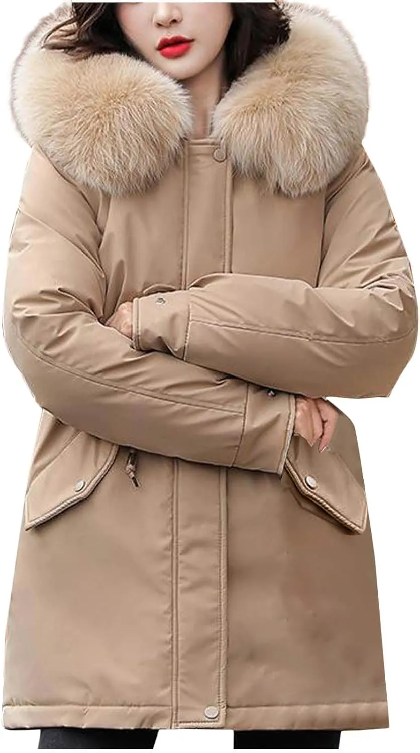 Teen Girls Winter Coats Womens Faux Fur Hoodie Mid-Length Puffer Jackets Plush Thicken Dressy Zip Down Coat with Hood