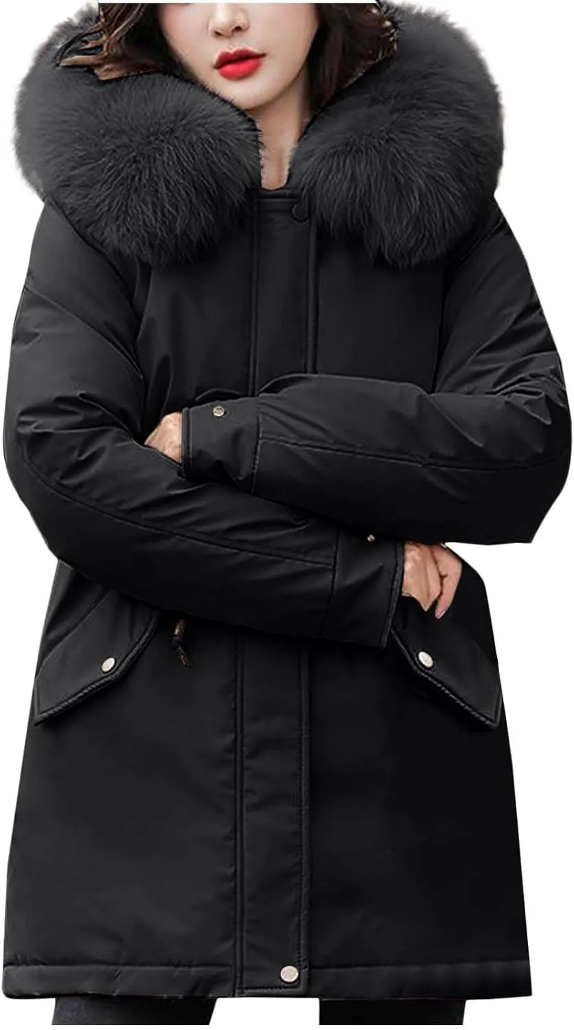 Teen Girls Winter Coats Womens Faux Fur Hoodie Mid-Length Puffer Jackets Plush Thicken Dressy Zip Down Coat with Hood