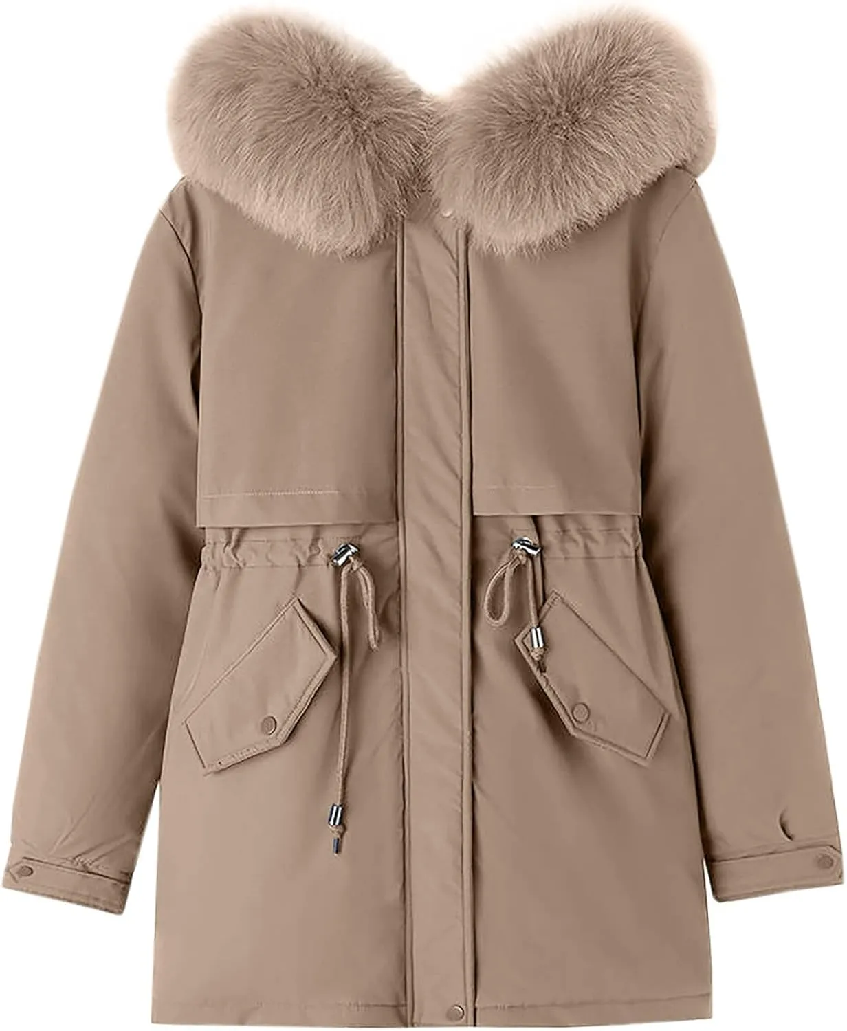Teen Girls Winter Coats Womens Faux Fur Hoodie Mid-Length Puffer Jackets Plush Thicken Dressy Zip Down Coat with Hood