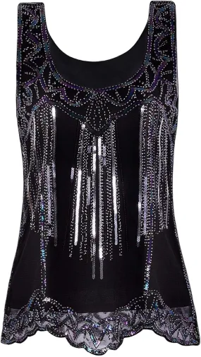 Vijiv Womens 1920s Vintage Beaded Tops Art Deco Sleeveless Embellished Sparkly Sequin Vest Tank Top