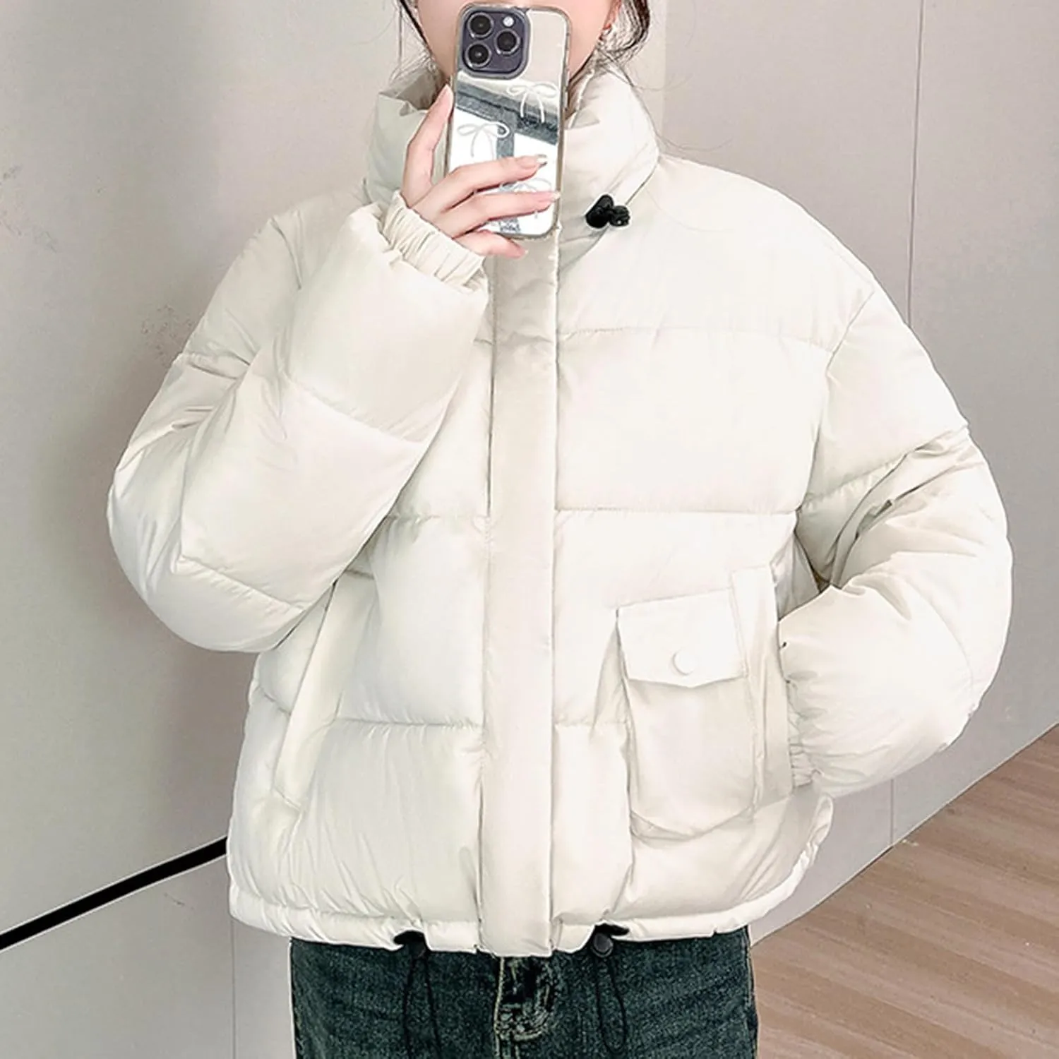 Winter Cropped Puffer Coat Women Stand Collar Slim Fit Thermal Short Overcoat 2024 Fashion Solid Color Warm Down Coat