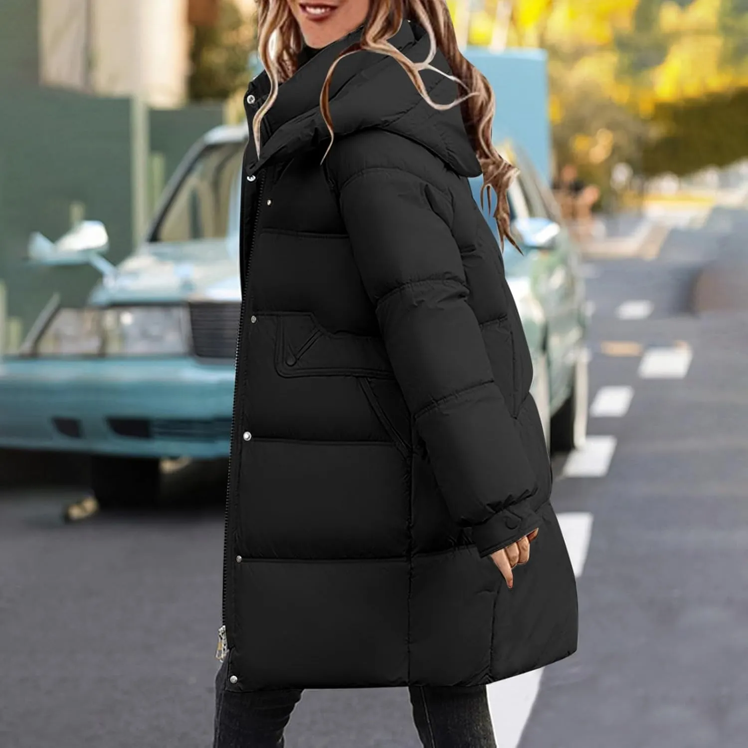 Women's Mid-Length Down Parkas Removable Hooded Puffer Coats 2024 Baggy Zipper Down Jacket Coats for Fall Winter
