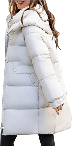 Women's Mid-Length Down Parkas Removable Hooded Puffer Coats 2024 Baggy Zipper Down Jacket Coats for Fall Winter